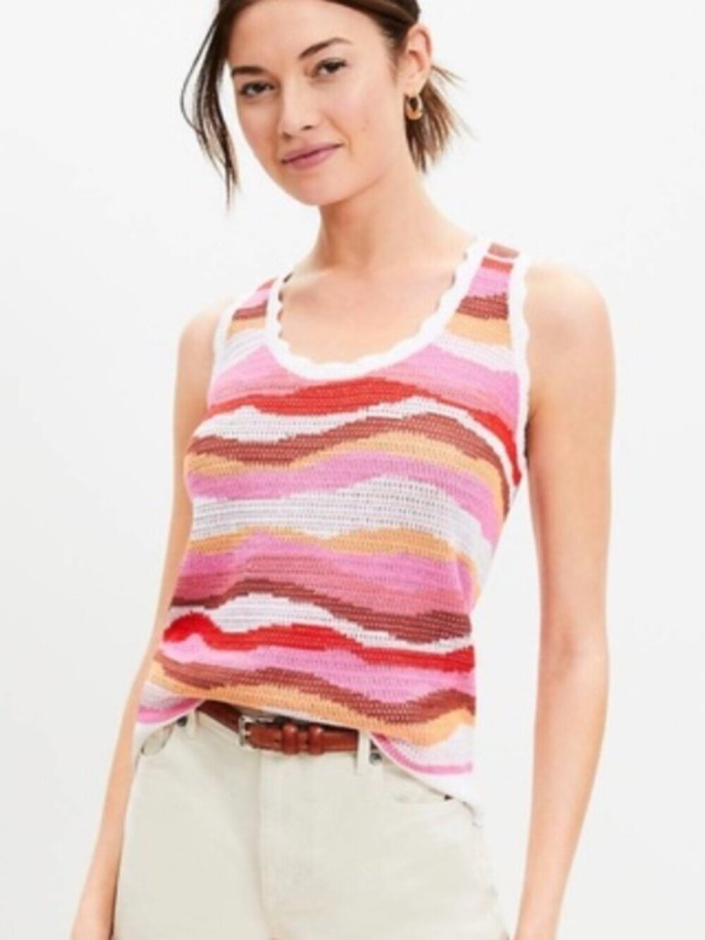 LOFT Striped Knit Tank Top Pink Orange White | Size M - Picture 7 of 7